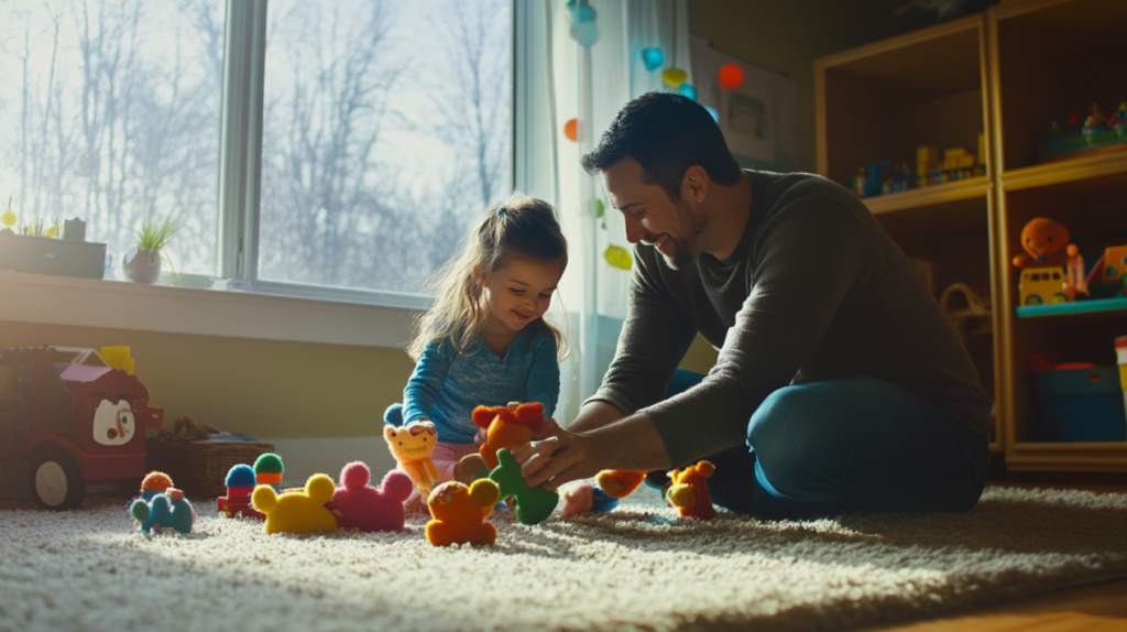 A father and daughter sitting on a carpeted floor, smiling while playing with colorful hand puppets in a sunlit playroom.