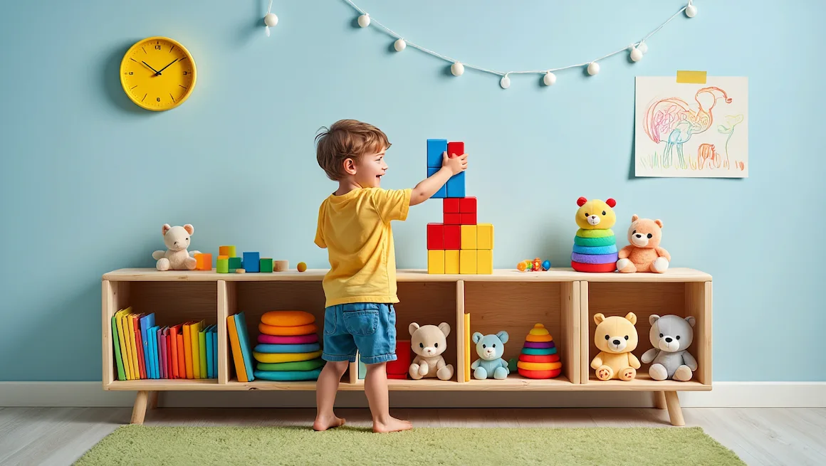 Child organizing toys and books on a diy kids storage shelf in a bright, playful kids’ room.