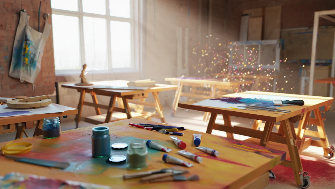 Creative studio with vibrant paints, brushes, and art supplies capturing the colors of a workshop in natural sunlight.