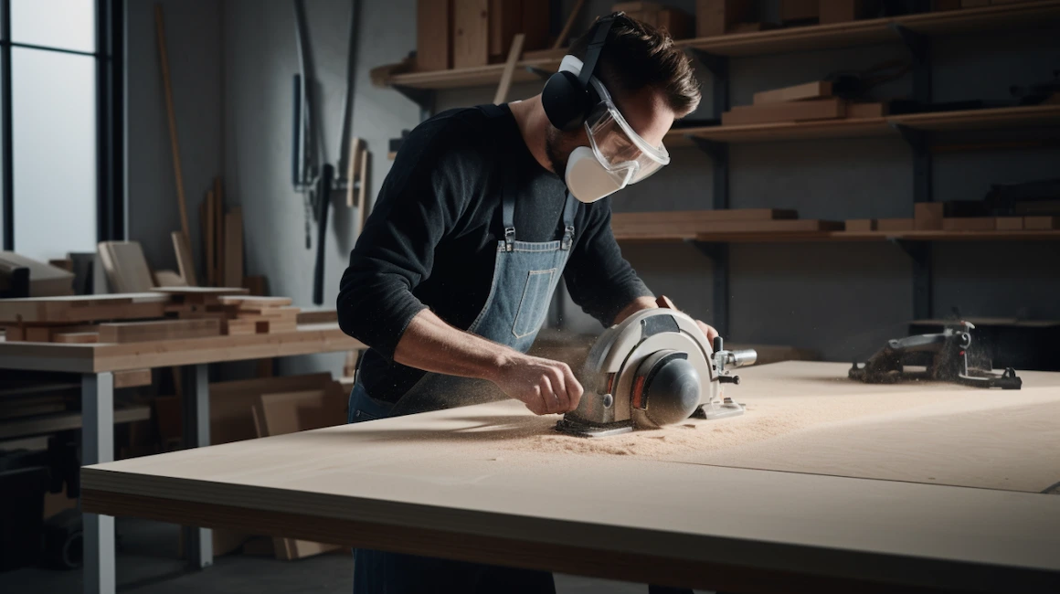 Man wearing safety goggles and gloves using a circular saw with a guide rail on a wooden workbench in a bright, organized workshop