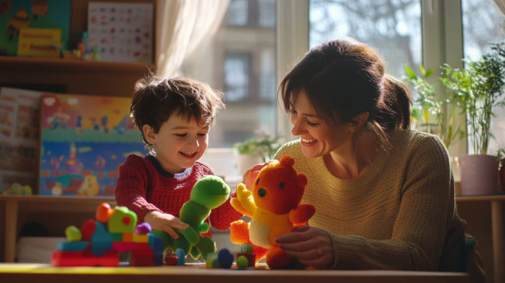 Mother and child demonstrating puppets safety tips for kids while playing with soft hand puppets in a bright, well-organized playroom.