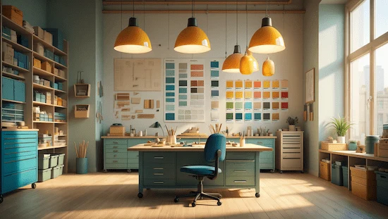 Organized workshop with color swatches, bright lighting, and creative supplies highlighting the colors of a workshop environment.