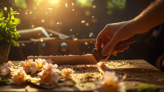 Close-up of a hand guiding a saw through a wooden plank on a rustic workbench, illustrating why you need a DIY saw guide with warm sunlight and flying sawdust.