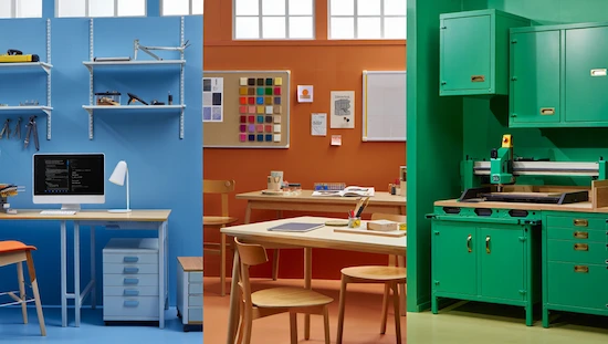Workspace zones in blue, orange, and green show the colors of a workshop, highlighting how color impacts work and creativity.