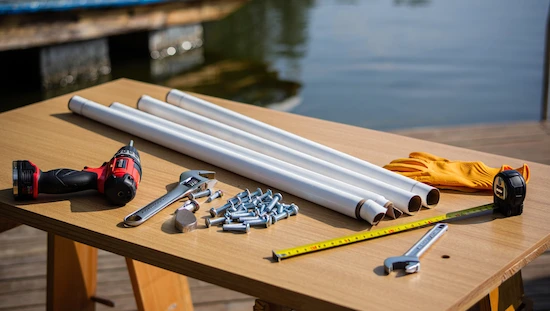Essential tools and materials for DIY boat lift centering guides—PVC pipes, bolts, drill, wrench, gloves, and tape measure on a table.