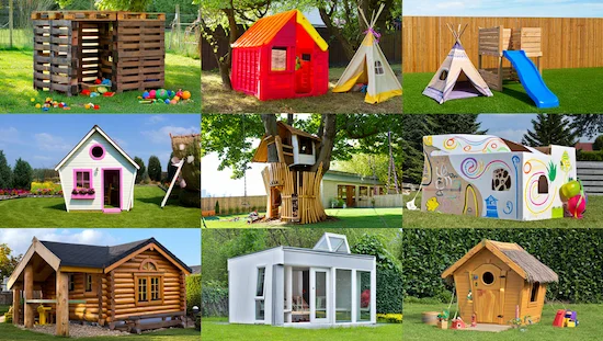 10 amazing DIY kids playhouse ideas—collage of creative playhouses made from wood, plastic, tents, cardboard, logs, and modern styles

