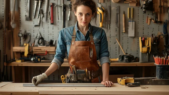 Professional female woodworker wearing a leather apron and tool belt, measuring a wooden plank in a well-equipped workshop with tools on the wall.