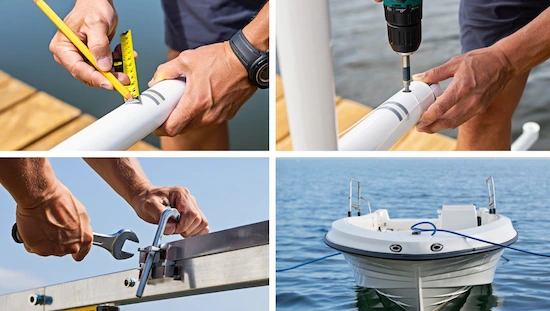 Step-by-step guide to building DIY boat lift centering guides—measuring, drilling, assembling, and aligning a boat on the lift.