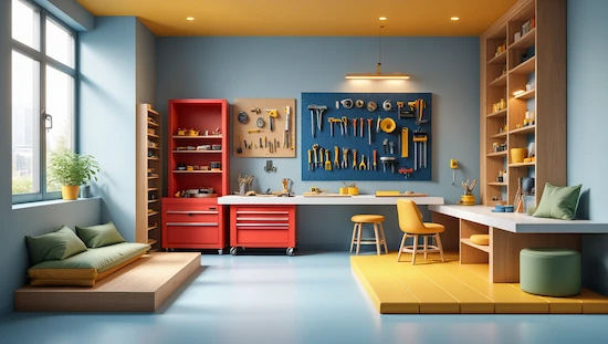 Modern workshop design featuring blue walls, yellow accents, red storage, and organized tools—colors of a workshop in action.