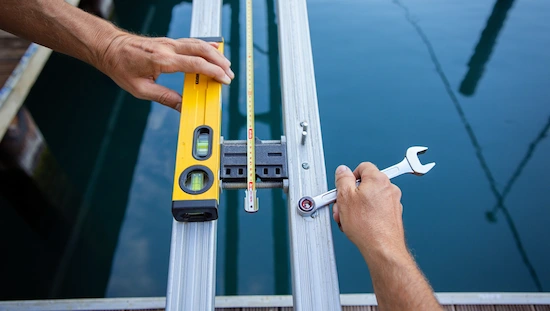 Tips for maintaining proper boat lift alignment—using a level, tape measure, and wrench to adjust and check lift rail positioning.