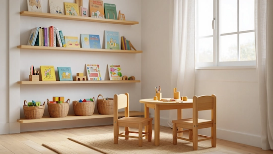 Montessori-inspired diy kids storage shelf with low wooden shelves and baskets for toys and books in a bright playroom.