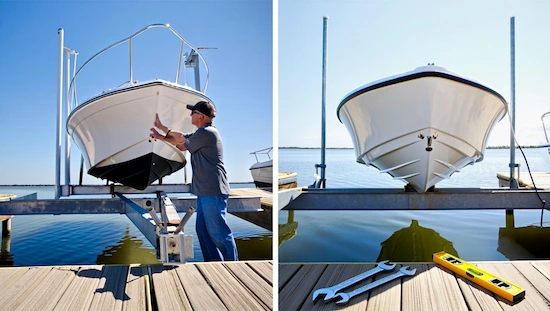 Common boat lift alignment problems and solutions—crooked, off-center boat fixed with tools, now perfectly centered on the lift.