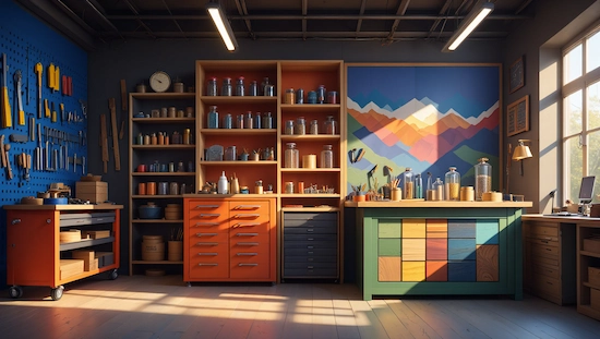 Creative workshop with vibrant blue, orange, and green accents, wall art, and organized tools—colors of a workshop on display.