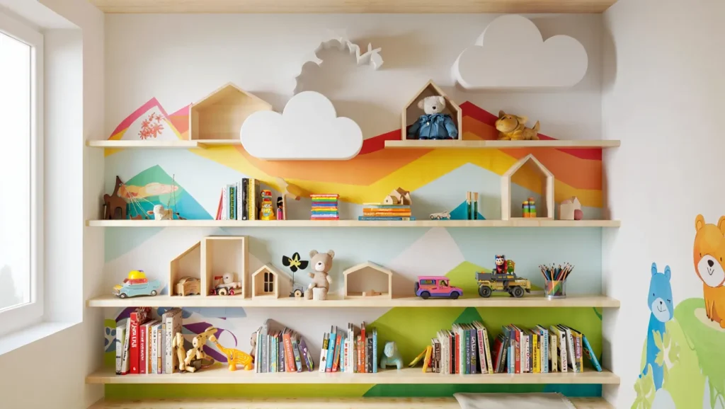 Creative and fun-themed diy kids storage shelf with cloud and house-shaped shelves full of toys and books.