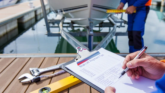 Proactive tips to avoid alignment problems—boat lift checklist, wrench, level, and measuring tape ensure perfect boat lift alignment.