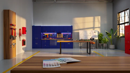 Modern workshop with blue cabinets, red accents, and natural light—showcasing the colors of a workshop for every style and function.