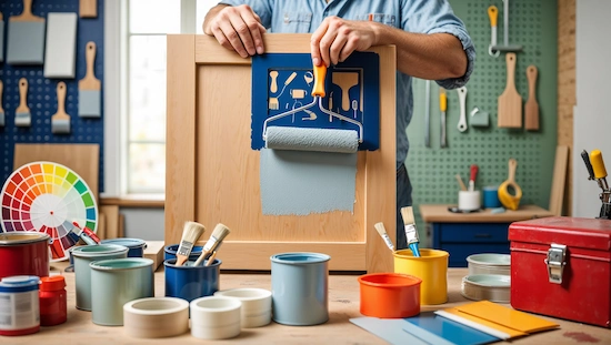 Hands using a roller and paint cans to apply colors of a workshop, surrounded by brushes and a color wheel for best results.