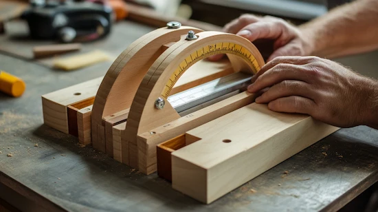 Close-up of hands using a DIY saw guide on a wooden workbench for precise woodworking.