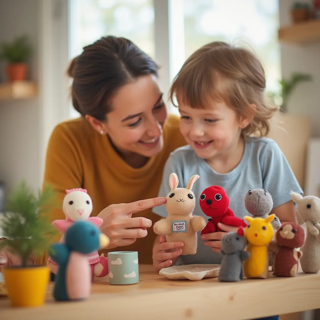 "Parent and child checking a non-toxic puppet, emphasizing safe materials."