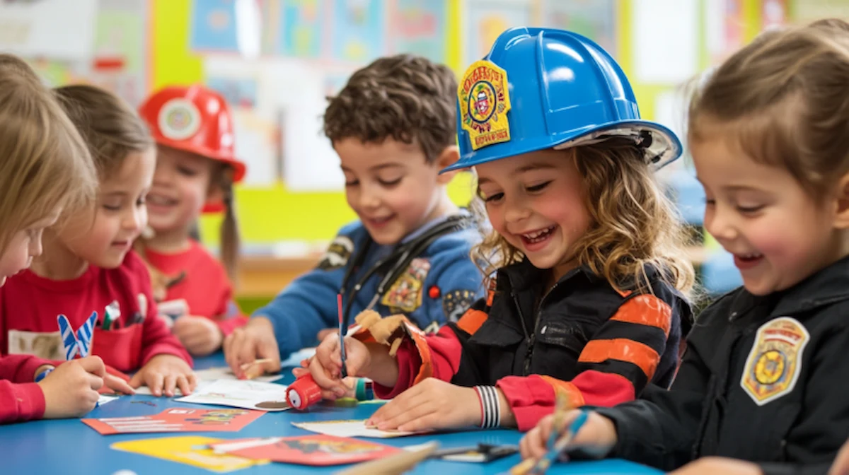 Preschool kids making firefighter hats, doctor bags, and police badges as part of community helper crafts in a colorful classroom