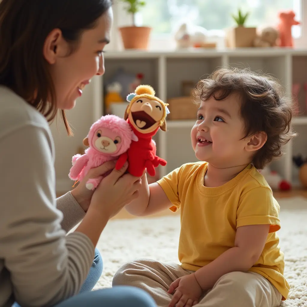 "Parent and child playing with puppets, highlighting supervised playtime."