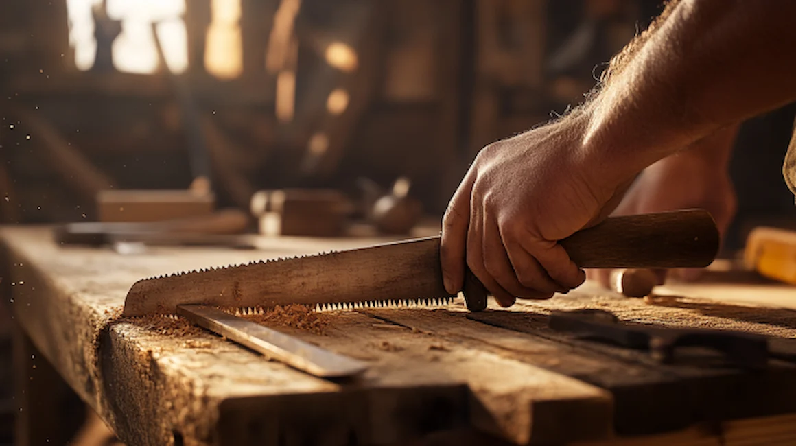 DIY saw guide: close-up of a hand guiding a hand saw cutting through a wooden plank on a workbench, with wood shavings and workshop tools in soft-focus background.