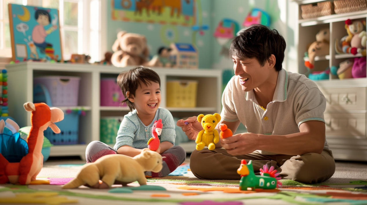 A child and adult playing safely with colorful hand puppets in a bright playroom, surrounded by soft toys and smiling