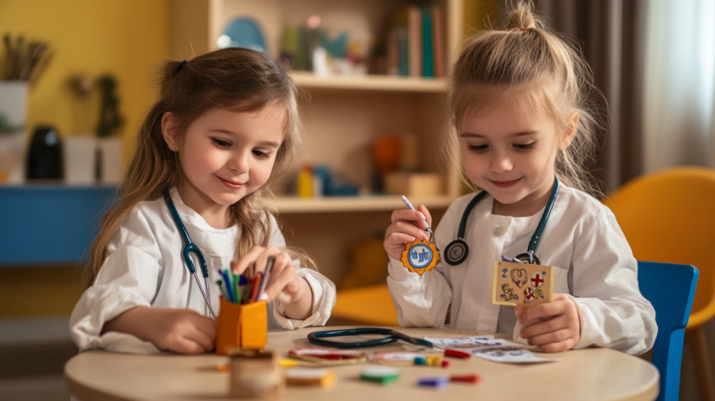 Preschool girls in doctor costumes making nurse badges with markers and stickers at a classroom table