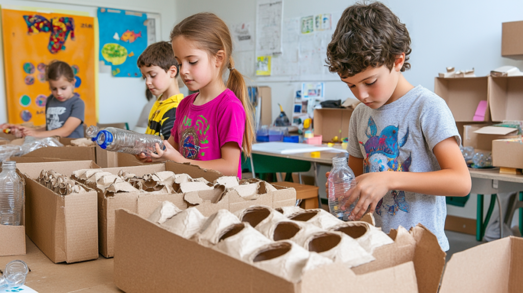 Preschool kids doing recycled material crafts using plastic bottles and cardboard trays
