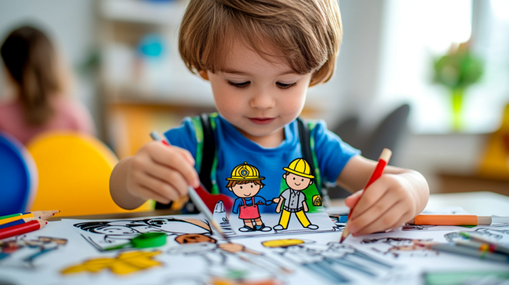 Preschooler coloring printable community helper dolls with crayons at a classroom table

