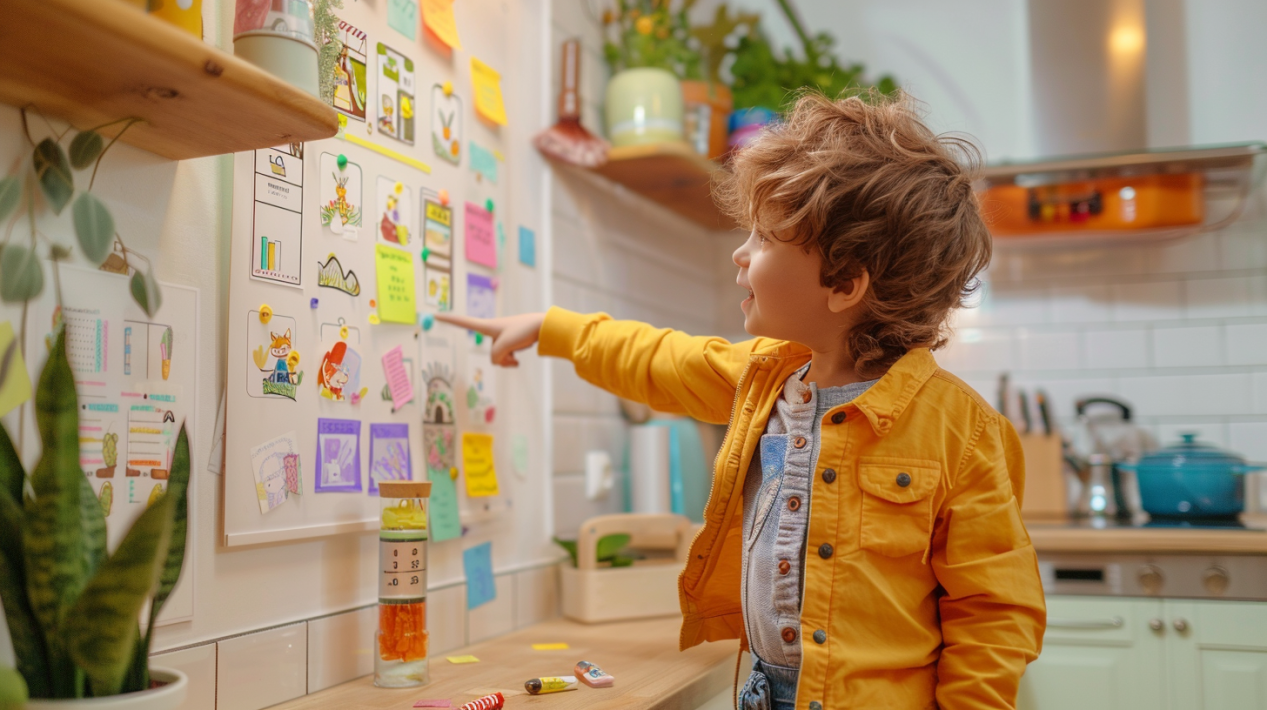 Child pointing at a colorful DIY kids chore chart in a bright kitchen setting