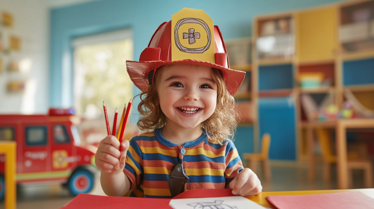Community helper crafts for preschoolers – child making a firefighter hat
