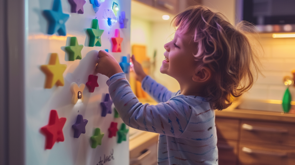 Child smiling and placing colorful magnetic stars on a fridge chore chart in a cozy kitchen