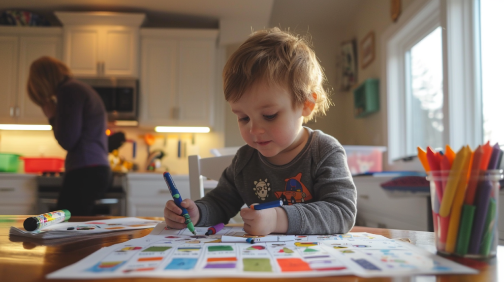 Child coloring a printable DIY chore chart at the kitchen table, surrounded by markers and templates.