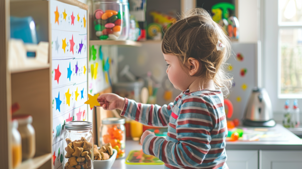 Preschool child placing star sticker on a DIY chore chart with visible treat rewards in a kitchen setting