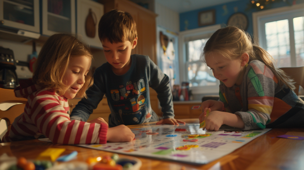 Three young children smiling and placing stickers on a DIY kids chore chart at a kitchen table, with natural lighting and a cozy home setting