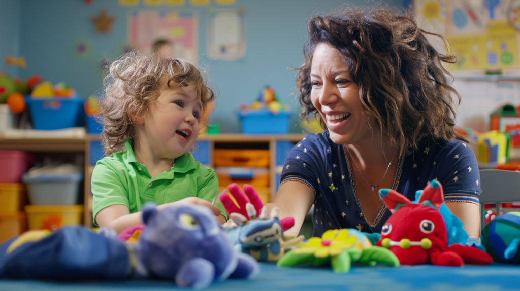 A smiling teacher playing with a child using soft hand puppets in a safe, colorful classroom setting