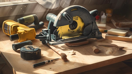 Circular saw with yellow blade and woodworking tools on a sunlit workbench, ready for a DIY circular saw guide project.