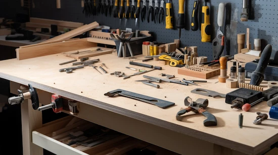 Woodworking tools and materials neatly arranged on a workbench, with various hand tools and equipment in a well-organized workshop.