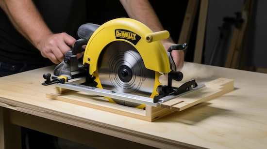 Person using a yellow circular saw with a custom guide on a wooden board, demonstrating a step-by-step DIY woodworking process.