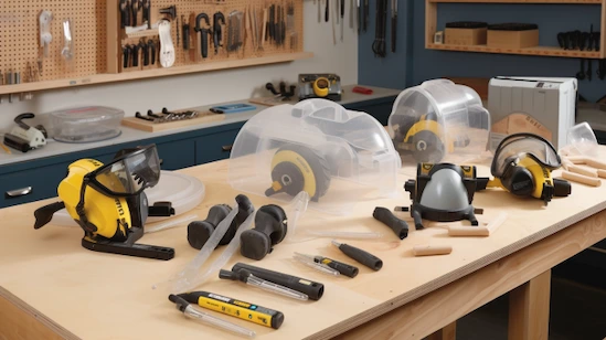 Safety glasses, ear protection, dust mask, and circular saws displayed on a workbench in a well-equipped woodworking workshop.