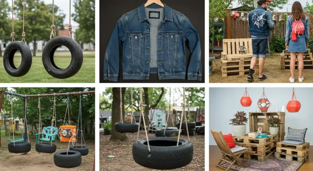 "Upcycling ideas using old tires, denim jackets, and wooden pallets for creative DIY projects"