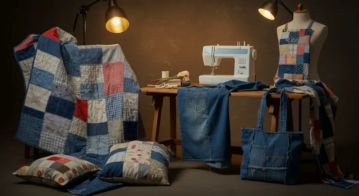 Upcycling sewing projects with denim bags, patchwork quilts, and sewing machine on display