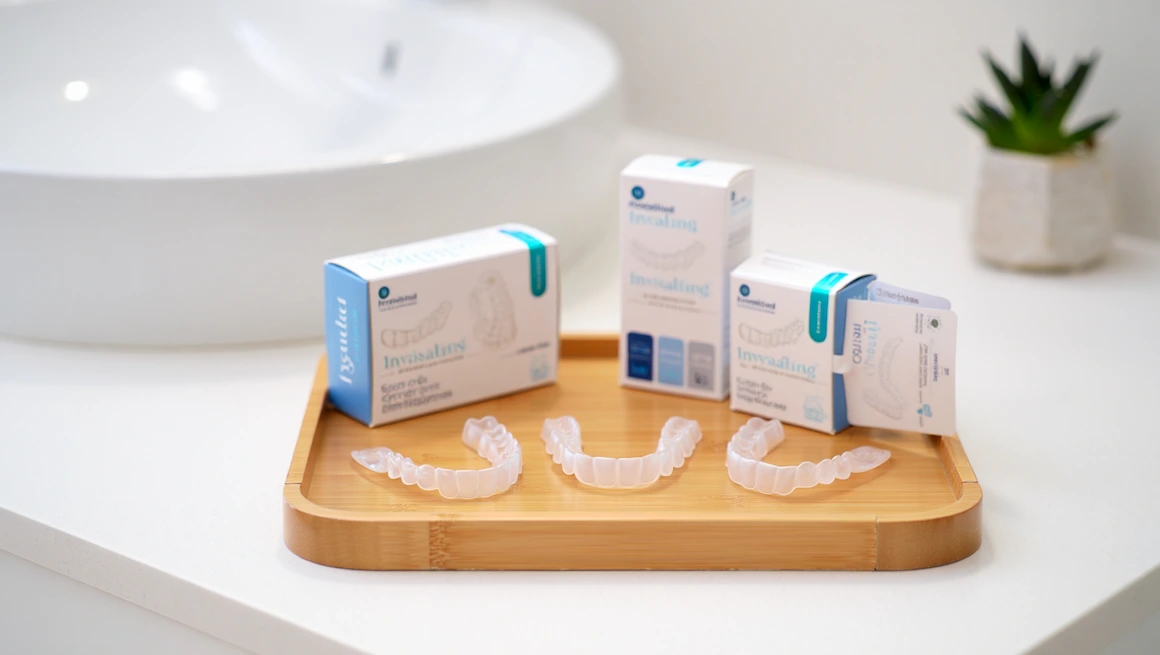 DIY Invisalign aligner kits and clear aligners arranged on a light wooden tray in a modern bathroom, with a small green plant in the background.