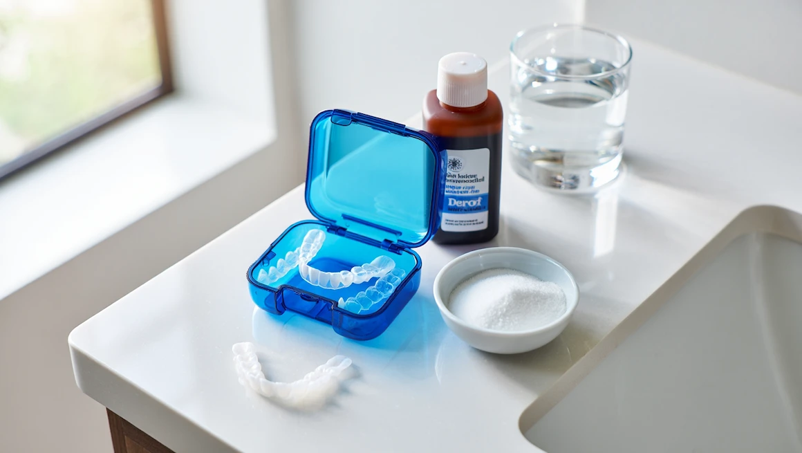 DIY invisalign cleaner ingredients and clear aligners on a bathroom counter