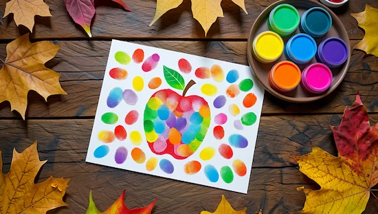 Fingerprint apple resist craft with colorful fingerprint dots, apple shape, and paint, perfect for apple crafts for preschoolers.