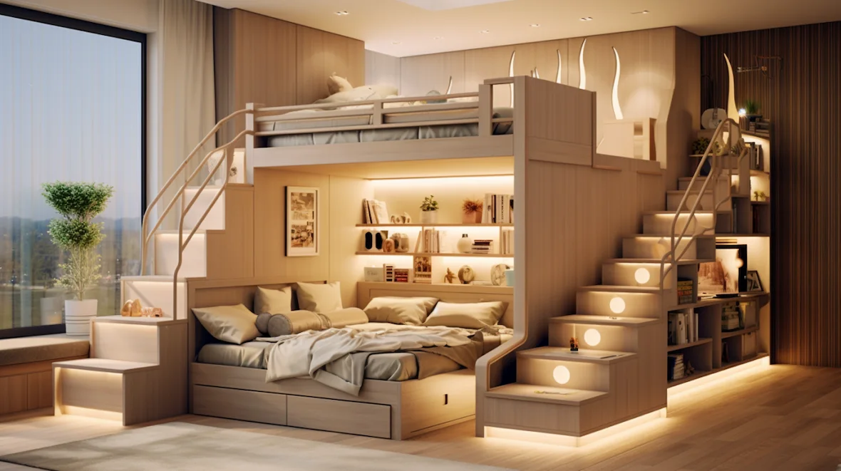 “Modern DIY bunk beds with stairs plans featuring built-in drawer storage and safety rails in a kids bedroom.”