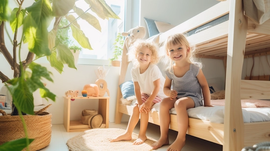 Two children sitting on a diy twin over full bunk bed in a sunlit kids’ room, with comfortable bedding and cheerful surroundings.