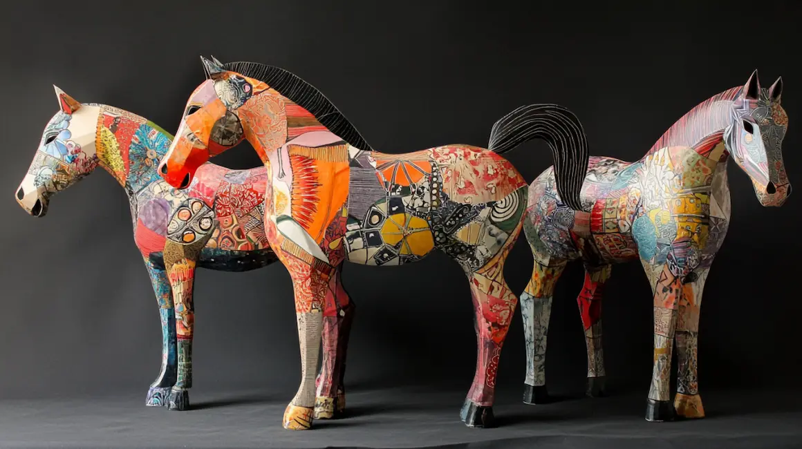 Colorful artistic horse sculptures showcasing unique DIY horse art projects, perfect for kids and beginners interested in creative crafts.