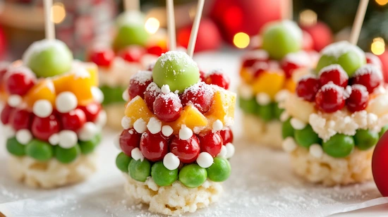 Creative Christmas party food ideas for teens featuring colorful fruit and candy treats arranged in a tree-like design on a festive dessert table.